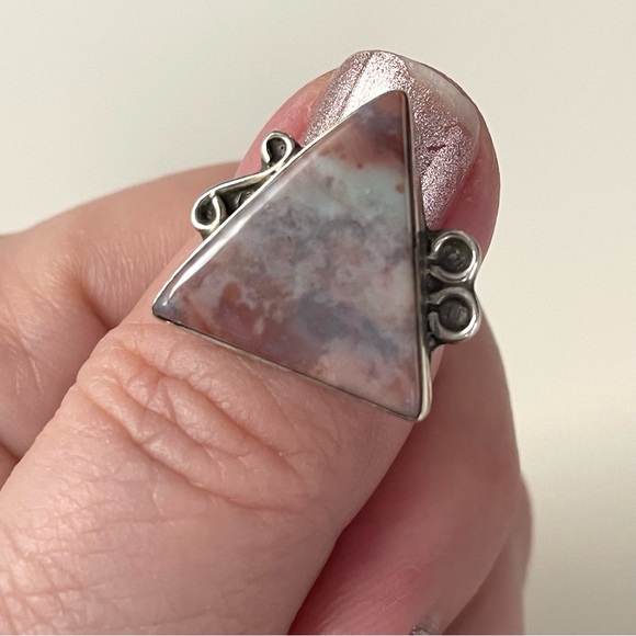 Vintage stamped sterling silver & polished stone triangle ring sz 7-7.25 - Picture 10 of 16